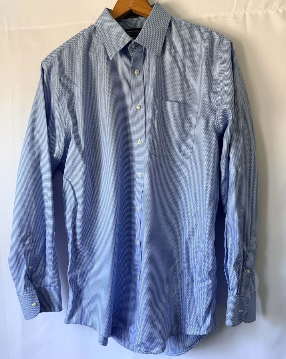 Nordstrom Mens Smartcare Trad Fit Blue Micro Houndstooth Dress Shirt Sz 16.5 35